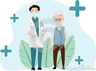 Vector illustration of an elderly man and a kind doctor. Vector Illustration