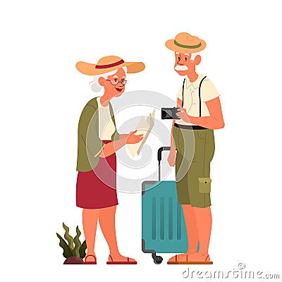 Vector illustration of elderly tourist with laggage and handbag. Vector Illustration