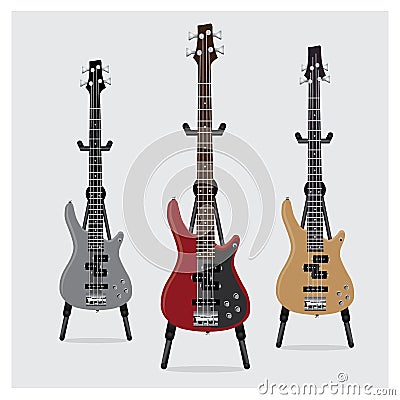 Vector Illustration Electric Bass Guitar set with Stand Vector Illustration