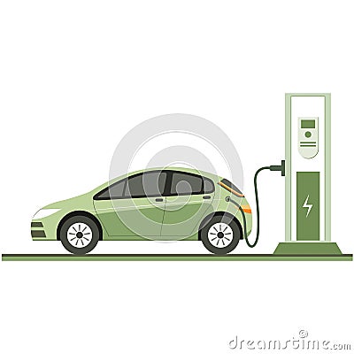 Vector illustration of an electric car charging from EV station. Alternative energy sources sustainable living environment concept Vector Illustration