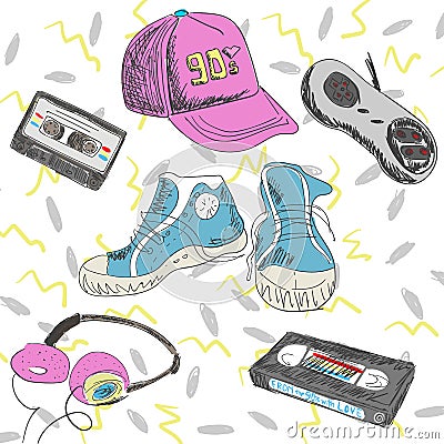 Vector illustration - elements of the 90s. Cassettes, sneakers, joystick, cap, headphones. Back to the 90th. Cartoon Illustration