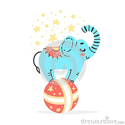 Vector illustration of elephant on big red ball. Circus artist doing trick Vector Illustration