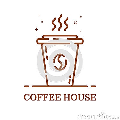 Vector illustration of emblem concept coffee house in line style. Linear brown cup. Vector Illustration