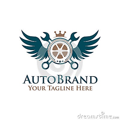 Vector illustration emblem tire wheel , wrench with wings logo. auto service logo Vector Illustration