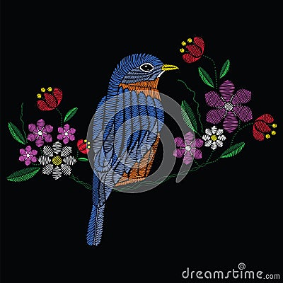 Vector illustration embroidery stitches with bluebird wildflower Vector Illustration