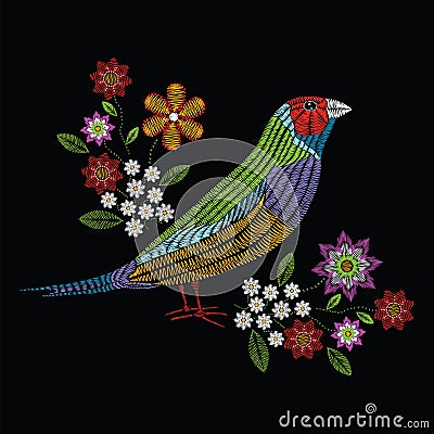 Vector illustration embroidery stitches with gouldian finch, chamomile wildflowers, spring flowers, branches in color. Fashion or Vector Illustration