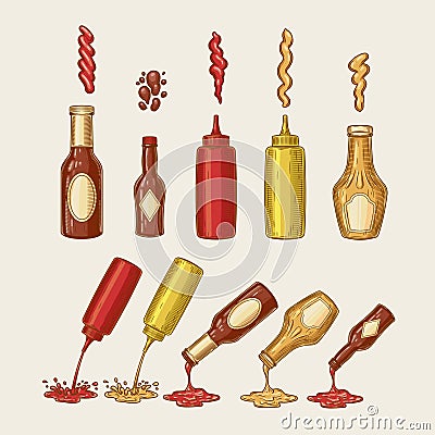 Vector illustration of an engraving style set of different sauces are poured from bottles Vector Illustration