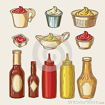 Vector illustration of an engraving style set of different sauces in saucepans and bottles Vector Illustration