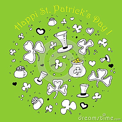 Happy St. Patrick`s Day. Pot of gold, hats, clover, trefoil on a Vector Illustration