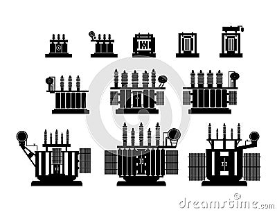 Vector illustration. Equipment electric High Voltage Transformers for substation on a white background. Symbols, steps for succe Vector Illustration