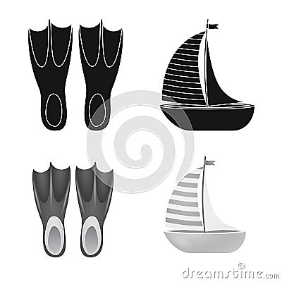 Vector illustration of equipment and swimming sign. Set of equipment and activity stock vector illustration. Vector Illustration