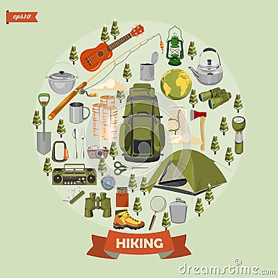 Vector illustration with equipments for Hiking and camping on circle shape. Vector Illustration