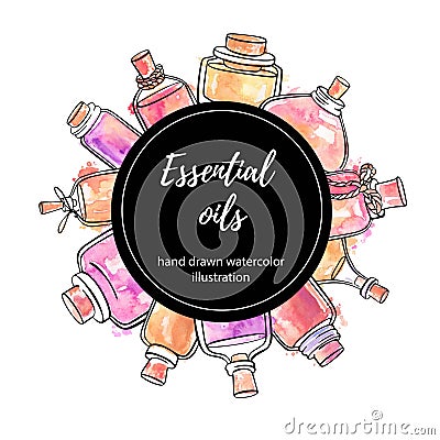 Vector illustration Essential oils. Hand drawn watercolor illustration with circle label. Vector Illustration