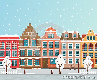 Vector illustration of european winter town. Flat design. Old houses Cartoon Illustration