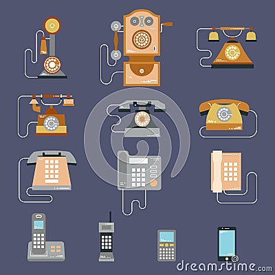 Vector illustration of evolution of communication devices from classic phone to modern mobile phone. Retro vintage icons Vector Illustration