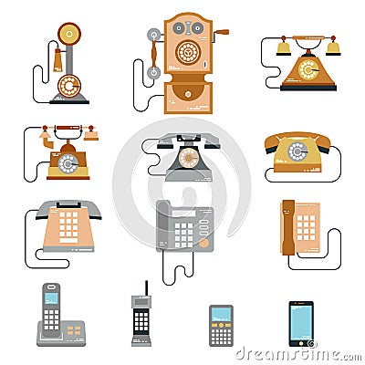 Vector illustration of evolution of communication devices from classic phone to modern mobile phone. Retro vintage icons Vector Illustration