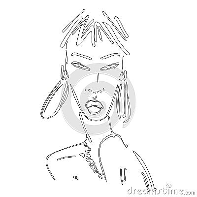 Vector illustration with the face of an Asian woman with large earrings and full lips. Vector Illustration