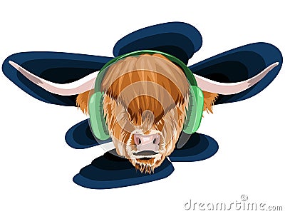 Vector illustration of a face of a bull with polina and very long hair and fluffy brown with two big horns in this music with gree Vector Illustration