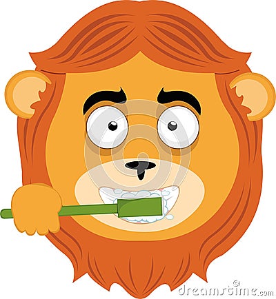 vector head lion cartoon brushing teeth toothbrush Vector Illustration