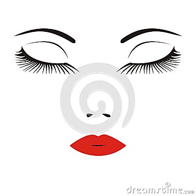 Vector illustration of a face of a woman with long lashes and re Cartoon Illustration