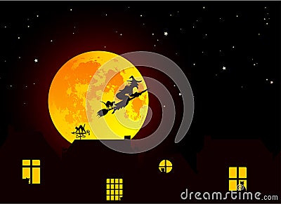 Vector illustration: Fairy tale Halloween landscape with realistic full yellow orange moon, village landscape silhouettes with c Vector Illustration