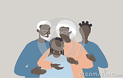 Vector illustration - family of black people. grandparents and two granddaughters. Vector Illustration