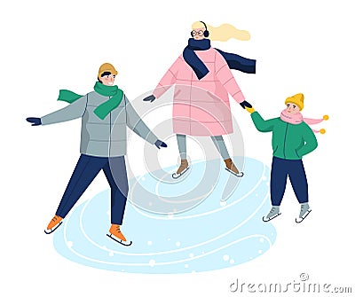 Vector illustration of family ice skating in warm winter clothes. Vector Illustration