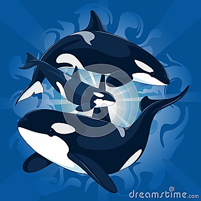 A family of killer whales with a cub underwater against the backdrop of sunlight. Vector Illustration