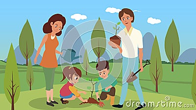 Vector illustration of a family planting trees Vector Illustration