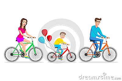 Vector illustration of family ride the bike. Healthy leisure and freedom riding bike. Man, woman and boy pedaling on summer time Cartoon Illustration