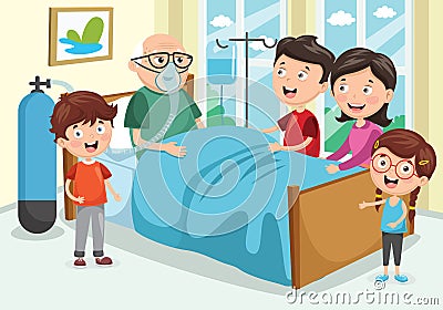 Vector Illustration Of Family Visit Grandfather At Hospital Vector Illustration