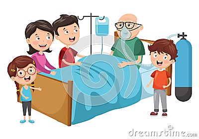 Vector Illustration Of Family Visit Grandfather At Hospital Vector Illustration