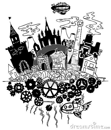 Vector illustration of fantasy ink steampunk city Vector Illustration