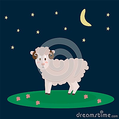 Vector illustration of Farm animals. A lamb walks in a meadow at night, it`s livestock Vector Illustration