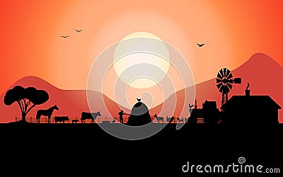 Vector farm silhouette with a ranch animals Vector Illustration