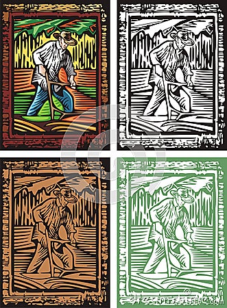 Traditional Land Tilling Vector Illustration Set in Woodcut Style Vector Illustration