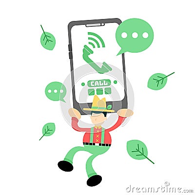 Vector illustration farmer worker and phone call electronic flat design cartoon style Vector Illustration