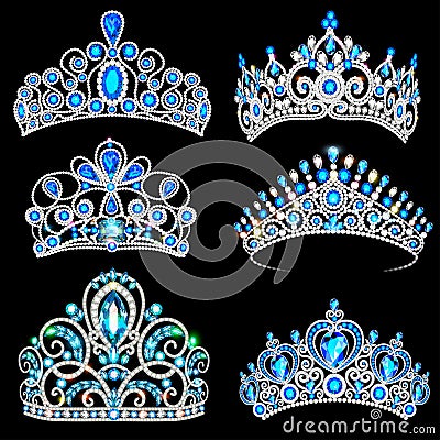 illustration of a fashion collection of jewelry tiaras with diamonds blue sapphire Vector Illustration