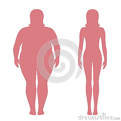 Vector illustration of fat and slim woman silhouettes. Weight loss concept. Obese and normal female body. Vector Illustration