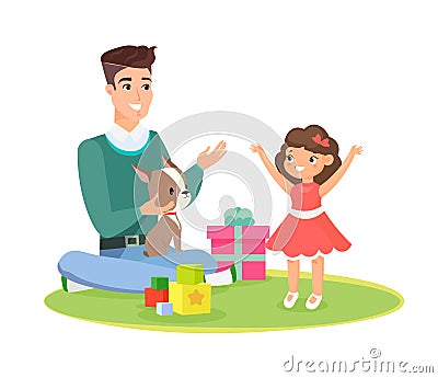 Vector illustration of father home playing with baby daughter. Fathers Day, Family concept. Parent love. Father with Vector Illustration