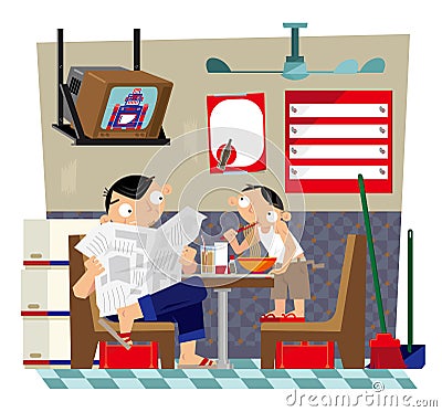 A father and a son taking meal inside a small local Hong Kong-styled cafe Vector Illustration