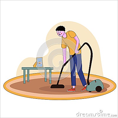 A vector illustration of father vacuuming the carpet in the house in cartoon style with line Cartoon Illustration