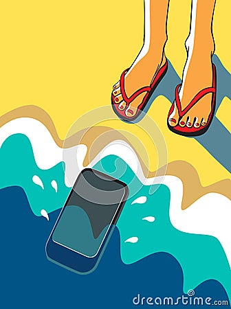 Vector illustration. Feet on a sandy beach near the sea. Vector Illustration