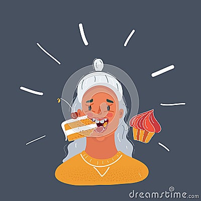 Vector illustration of female eating a cakes on dark background. Vector Illustration