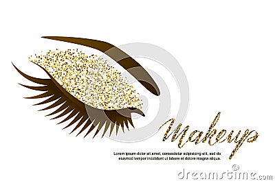 Vector illustration of female eye with long eyelashes and luxury makeup. Golden glitters eyeshadows, trendy makeup. Vector Illustration