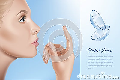 Vector illustration of female face and contacts for vision in hand, woman applying contact lenses Vector Illustration