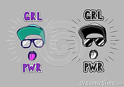 Vector illustration of a female face with tongue hanging out and the words girl power. Cartoon Illustration