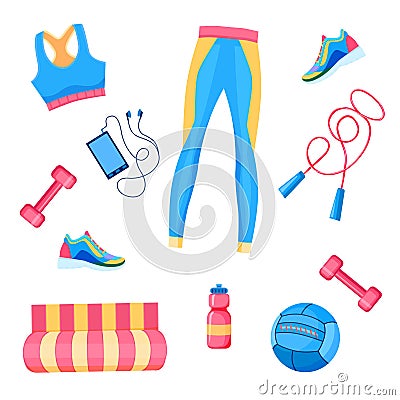 Vector illustration of female fitness equipment flat lay: dumbbells, med ball, leggings, bra, rope, smartphone Vector Illustration