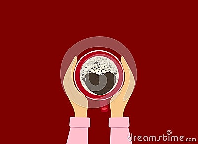 Female hands hold a cup of coffee. View from above. Heart shaped foam on coffee Vector Illustration