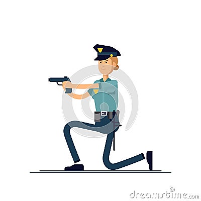 Vector illustration female policeman character. A policewoman in uniform is standing in active poses. Public safety Vector Illustration